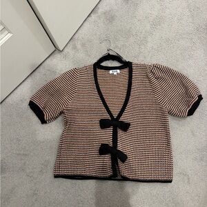 Boxy Knit Cardigan with Bow Trim - Black, Tan and Cream